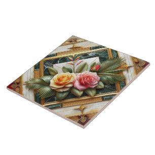 Elegant Roses With Decorative Leaves on Marble Tile
