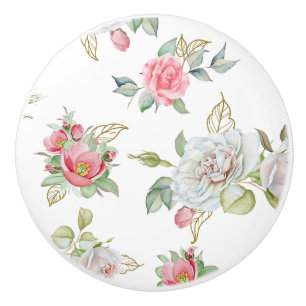 Elegant Roses with Gold Engraved Leaves Ceramic Knob