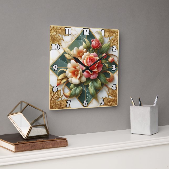 Elegant Roses With Green Background and Gold Trim Square Wall Clock (Office)