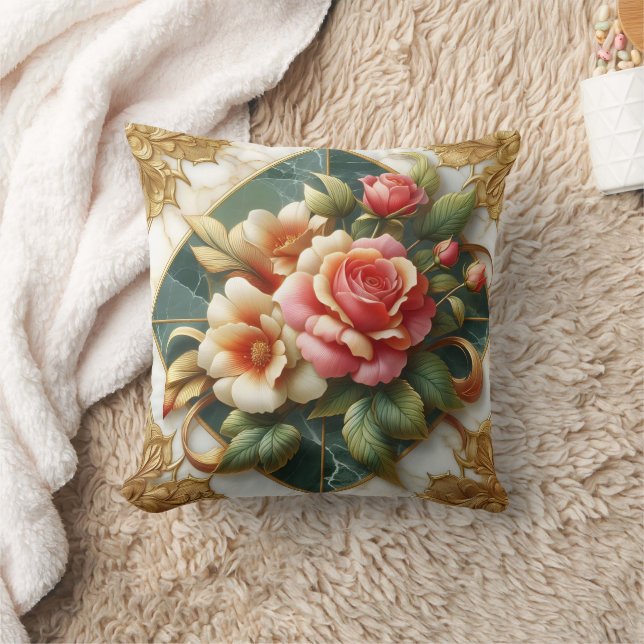 Elegant Roses With Green Background and Gold Trim Throw Pillow (Blanket)