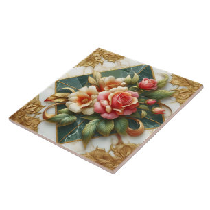 Elegant Roses With Green Background and Gold Trim Tile