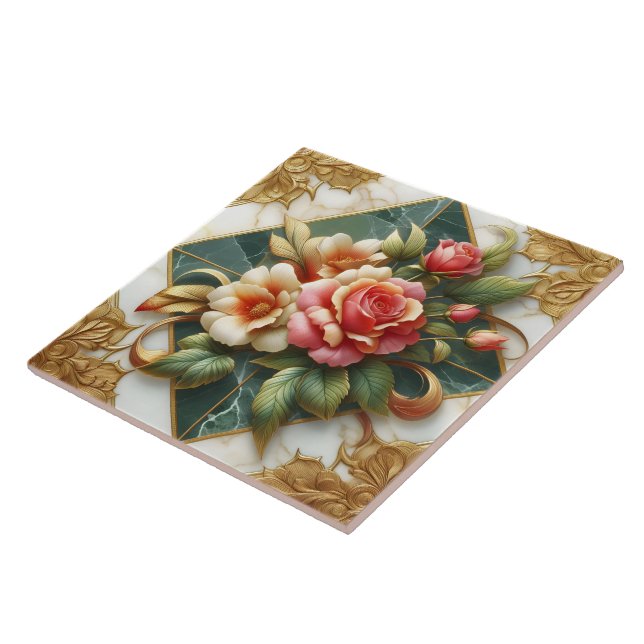 Elegant Roses With Green Background and Gold Trim Tile (Side)