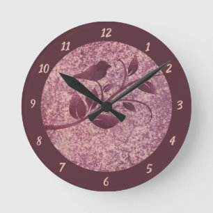 Elegant Rosy Brown Bird On Tree Leaf Nature Round Clock