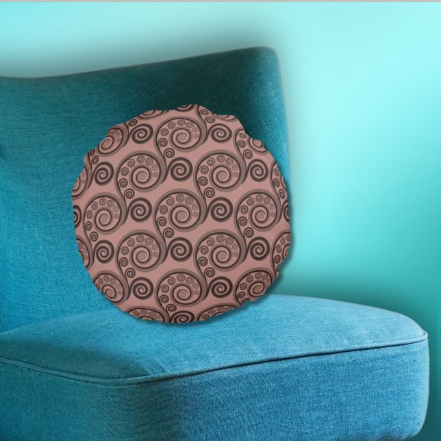 Elegant Rosy-Brown Fern Leaf Round Pillow (Rosy Brown Curl Pattern)