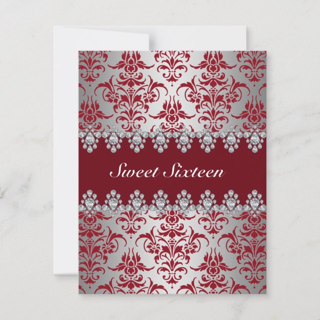 Élégant Rouge & Argent Damask Sweet16 Invitation (Devant)