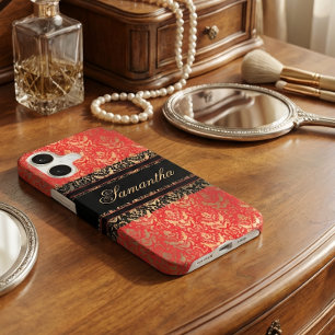 Élégant rouge et or Shimmer Damask Nom personnalis