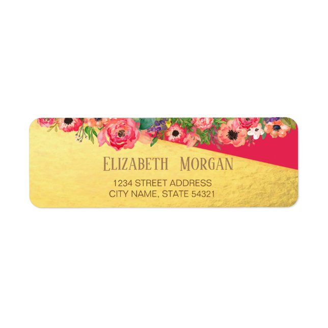 Élégant rouge, Étiquette de adresse Floral or (Devant)
