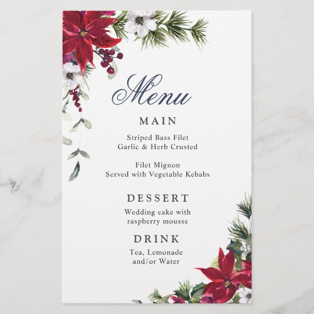 Elégant Rouge Poinsettia - Menu de mariage d'hiver (Devant)