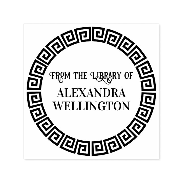 Elegant Round Greek Key S Frame Library Book Name Self-inking Stamp (Design)