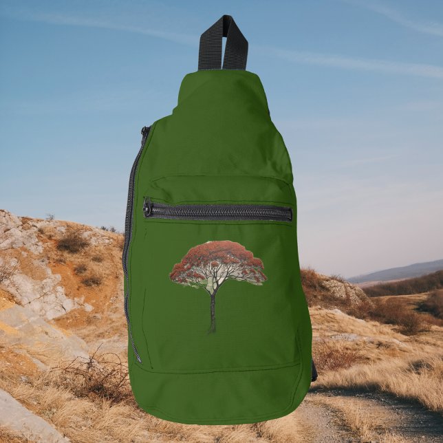 Elegant Rowan Tree Design on a Smart Green  Sling Bag (Stylish modern cross body bag in wood green with Rowan tree detail)
