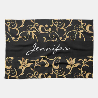 Elegant Royal Black and Gold Damask Kitchen Towel