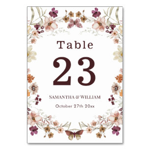 Elegant Royal Black Pastel Wildflower Boho Wedding Table Number