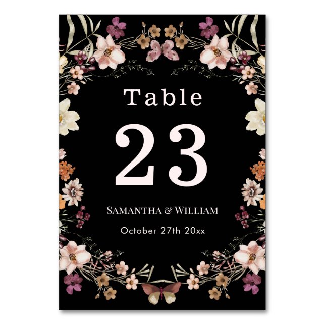 Elegant Royal Black Pastel Wildflower Boho Wedding Table Number (Front)