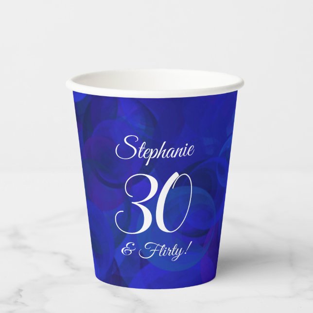 Elegant Royal Blue 30 and Flirty Birthday Party Paper Cups (Front)