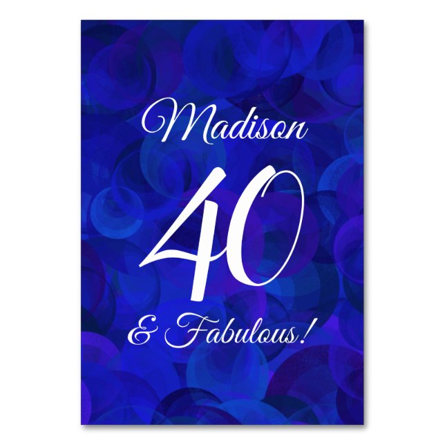Elegant Royal Blue 40 and Fabulous Birthday Party Table Number (Front)