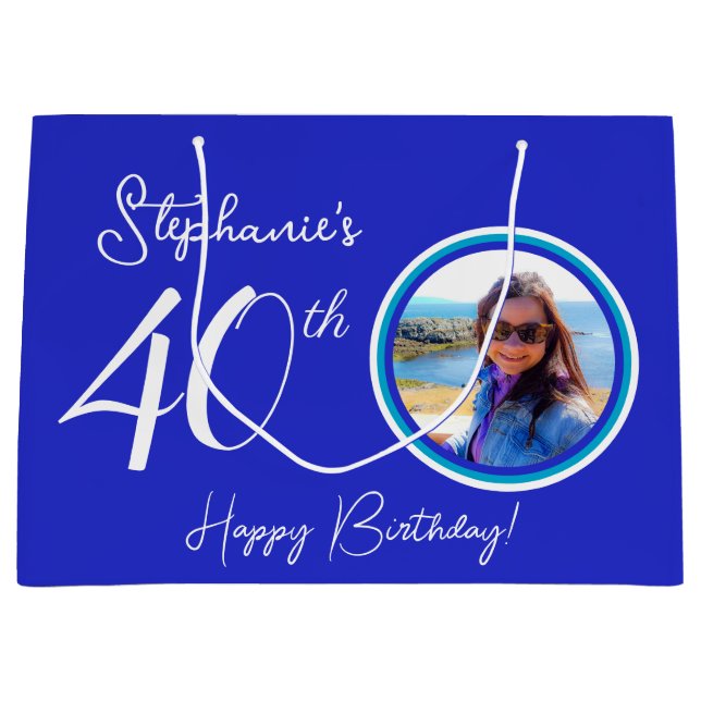 Elegant Royal Blue 40th Birthday Photo Large Gift Bag (Front)