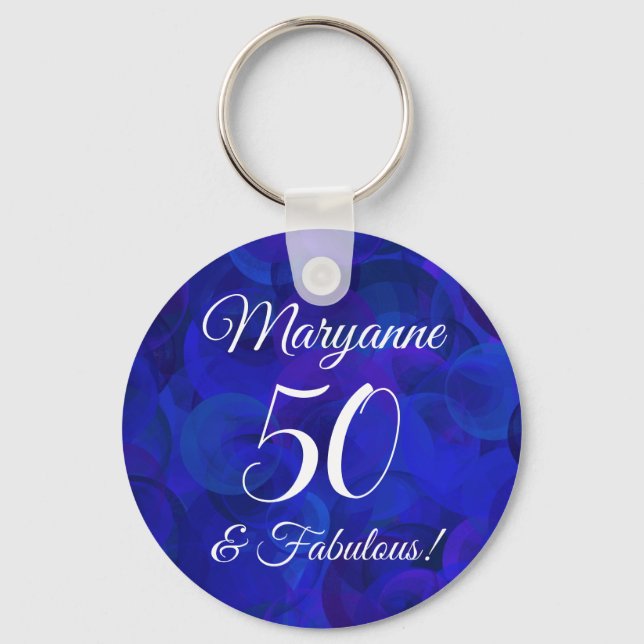 Elegant Royal Blue 50 & Fabulous Birthday Party Keychain (Front)