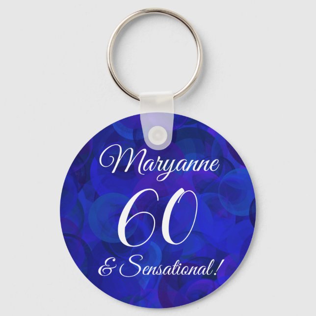 Elegant Royal Blue 60 & Sensational Birthday Party Keychain (Front)