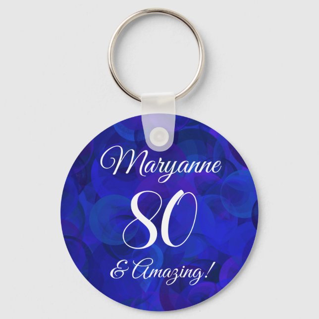 Elegant Royal Blue 80 and Amazing Birthday Party Keychain (Front)