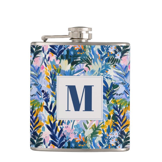 Elegant Royal Blue Abstract Botanical Monogrammed  Hip Flask (Front)