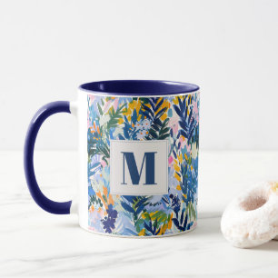 Elegant Royal Blue Abstract Botanical Monogrammed  Mug