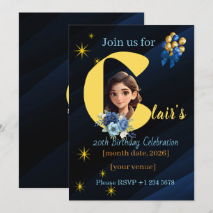 Elegant Royal Blue and Gold 20th Birthday Invitation