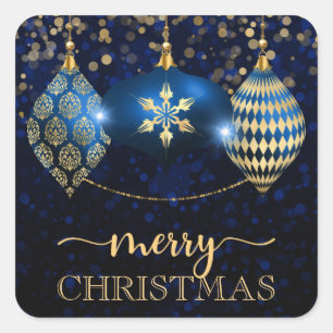 Elegant Royal Blue and Gold Bauble Merry Christmas Square Sticker