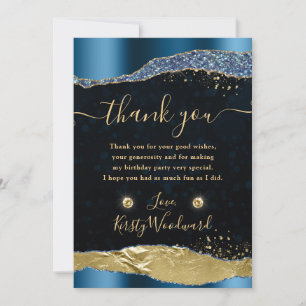 Elegant Royal Blue and Gold Birthday Thank You Card