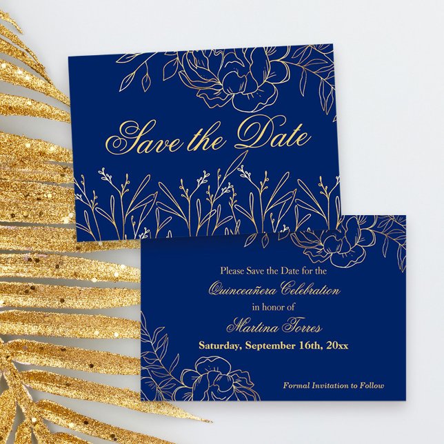 Elegant Royal Blue and Gold Fine Art Floral Save The Date (Blue and Gold Quinceanera Save the Date, from my Gold Sketched Floral collection
)