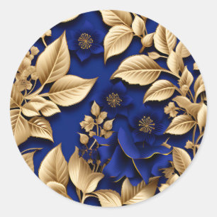 Elegant Royal Blue and Gold Floral Classic Round Sticker