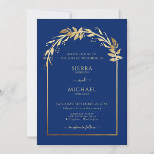 Elegant Royal Blue and Gold Foliage Wedding Arch Invitation