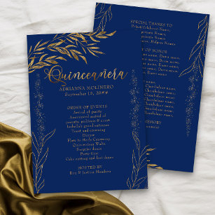 Elegant Royal Blue and Gold Leaf Quinceanera Program