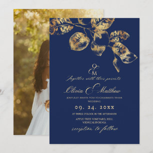 Elegant Royal Blue and Gold Leafs Wedding Invitation