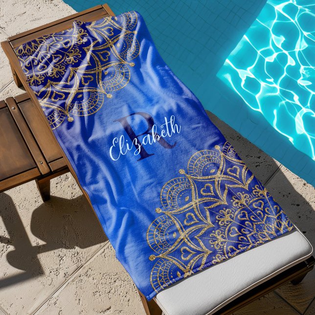 Elegant Royal Blue and Gold Mandala Monogrammed Beach Towel (Creator Uploaded)