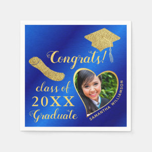 Elegant Royal Blue and Gold Photo 2023 Graduation Napkin
