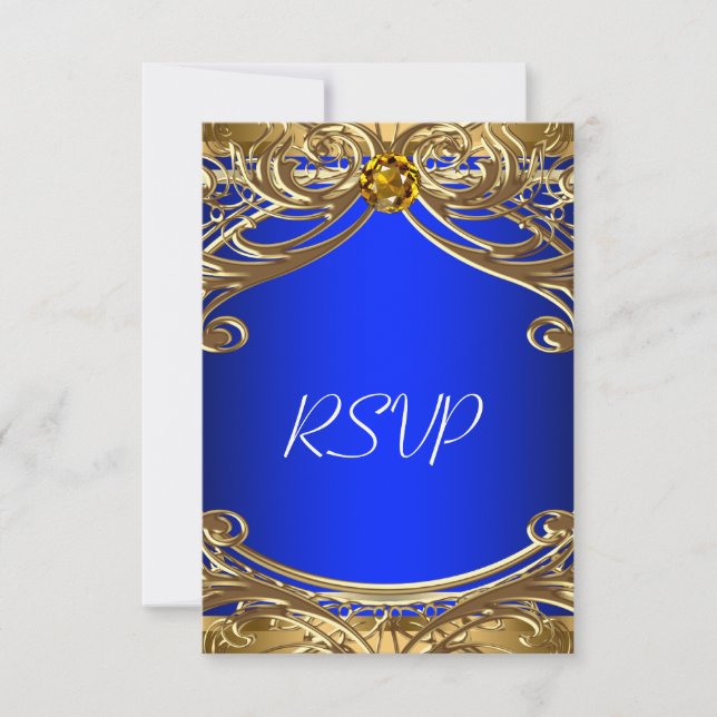 Elegant Royal Blue and Gold Wedding RSVP Card (Front)