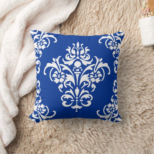 Elegant Royal Blue and White Damask Throw Pillow (Blanket)