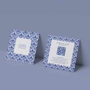 Elegant Royal Blue And White Damasks Pattern Square Business Card