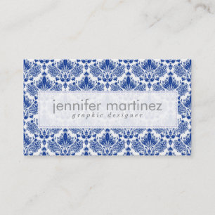 Elegant Royal Blue And White Damasks & Swirls Business Card