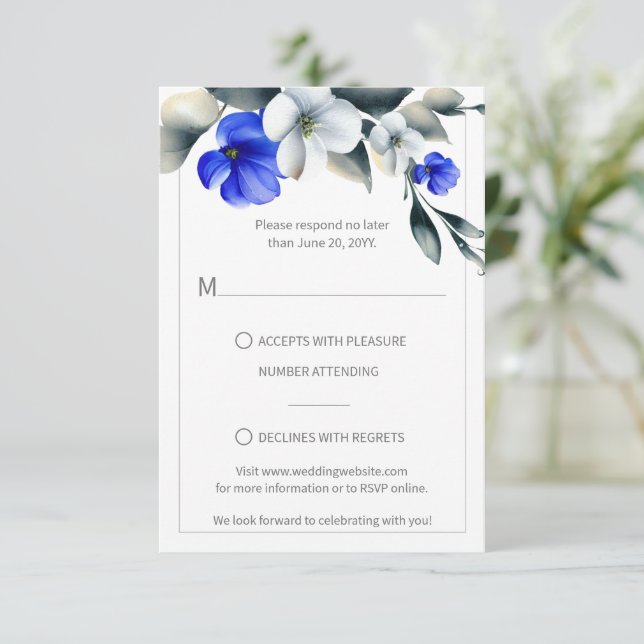 Elegant Royal Blue and White Floral RSVP (Standing Front)