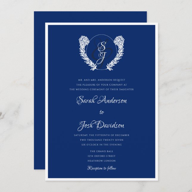 Elegant Royal Blue and White Monogram Invitation (Front/Back)