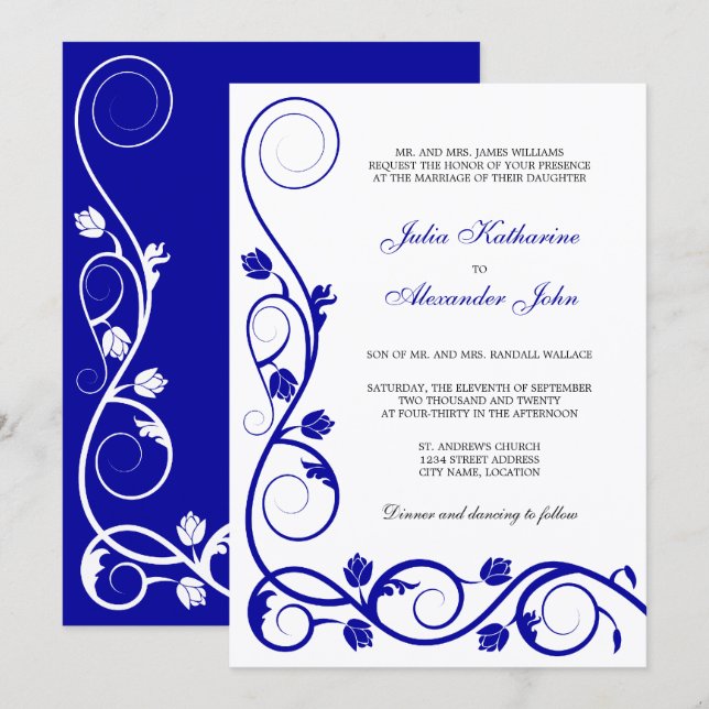 Elegant Royal Blue and White Swirls Invitation (Front/Back)