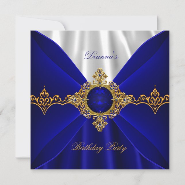 Elegant Royal Blue Birthday Gold Jewel White Silk Invitation (Front)