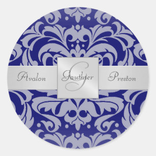 Elegant Royal Blue Damask Monogram Wedding Sticker