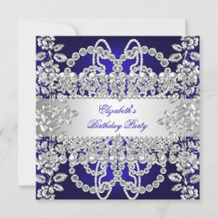 Elegant Royal Blue Diamonds Silver Birthday Party Invitation