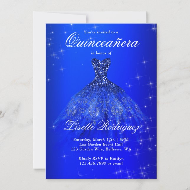 Elegant Royal Blue Dress Quinceanera Invitation (Front)