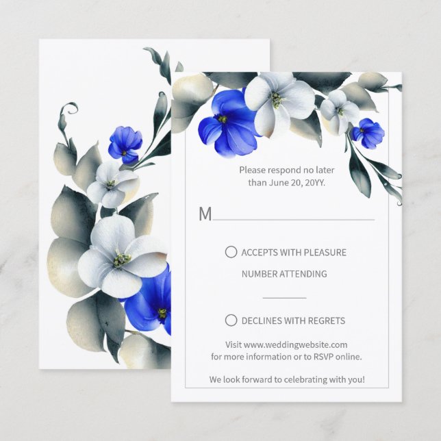 Elégant Royal Blue et blanc Floral RSVP (Devant / Derrière)
