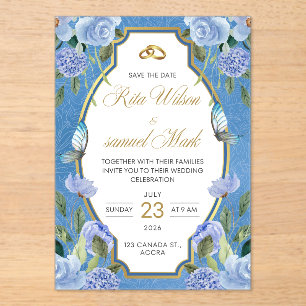 Elegant Royal Blue Floral and Gold  Acrylic Invitations