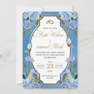 Elegant Royal Blue Floral and Gold  Invitation