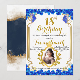 Elegant Royal Blue Floral Birthday Invitation Card